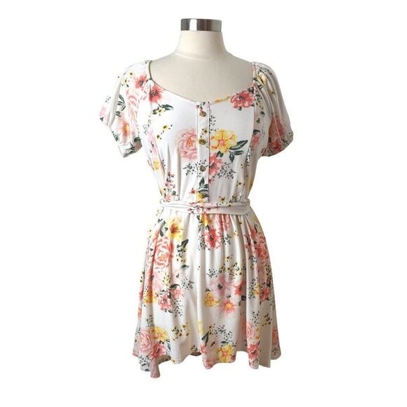 Women's Floral High-Low Dress XL Fairy Puff Sleeves Waist Tie White Pink Yellow - Picture 1 of 9
